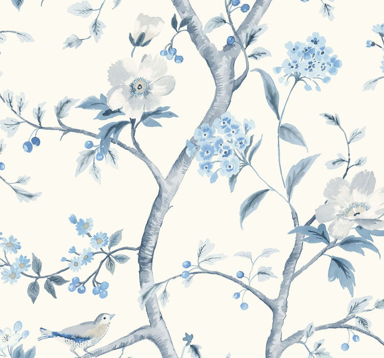 Seabrook Designs Southport Floral Trail Eggshell And Blue Shale  Wallpaper LN11102