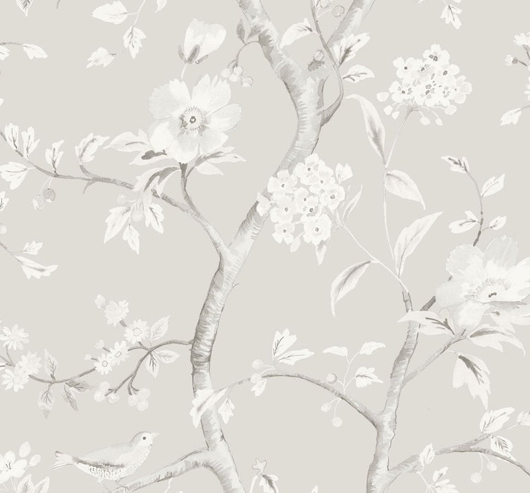 Seabrook Designs Southport Floral Trail Metallic Silver And Fog  Wallpaper Sample LN11108