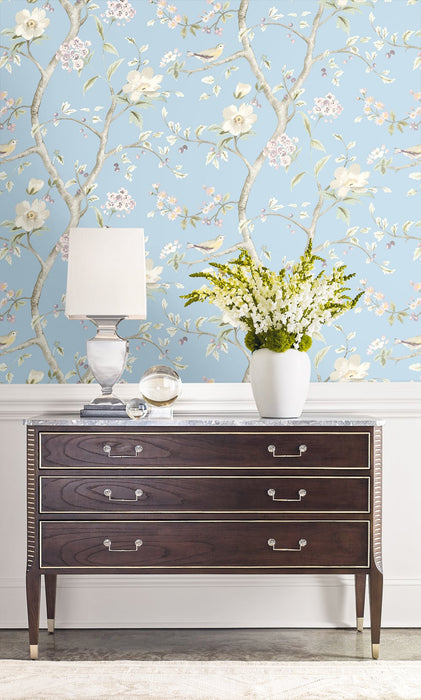 Seabrook Designs Southport Floral Trail Sky Blue And Arrowroot Wallpaper LN11112