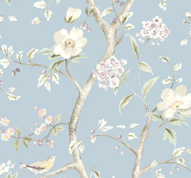 Seabrook Designs Southport Floral Trail Sky Blue And Arrowroot Wallpaper Sample LN11112