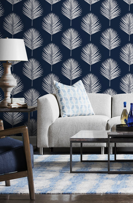 Seabrook Designs Maui Palm Midnight Blue & White Wallpaper Sample LN20032