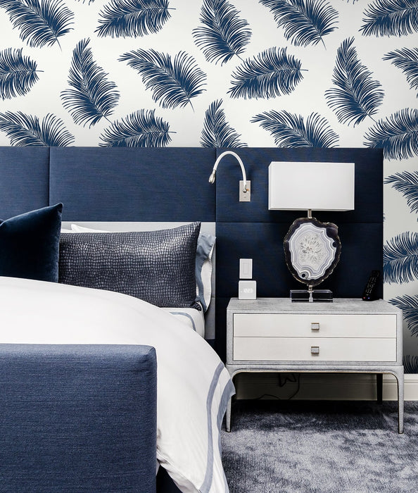 Seabrook Designs Tossed Palm White & Navy Wallpaper Sample LN20312