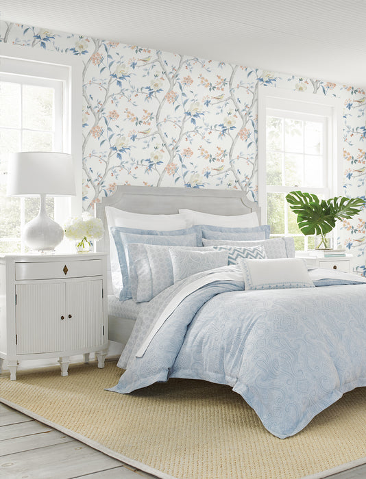 Seabrook Designs Floral Trail Melon & Carolina Blue Wallpaper Sample LN21301