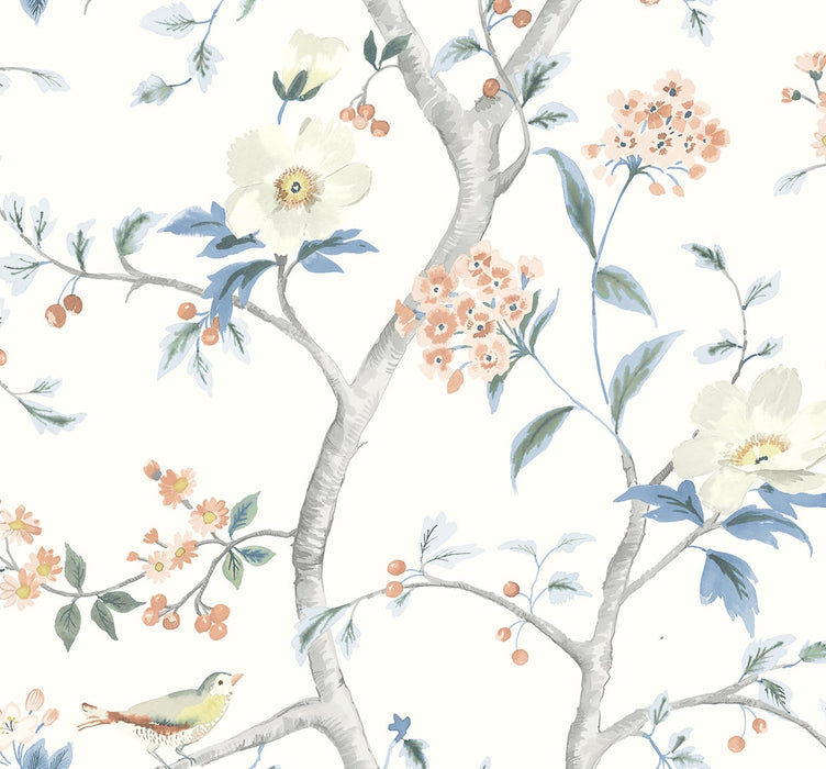 Seabrook Designs Floral Trail Melon & Carolina Blue Wallpaper LN21301