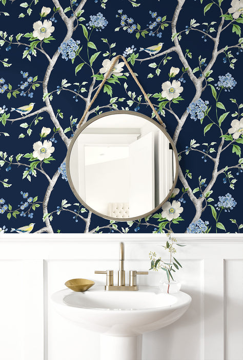 Seabrook Designs Floral Trail Navy Blue & Spring Green Wallpaper Sample LN21312