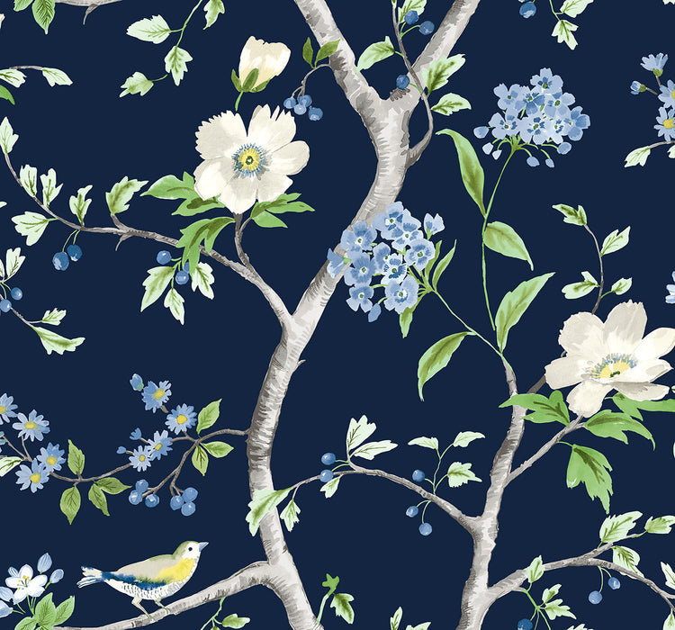 Seabrook Designs Floral Trail Navy Blue & Spring Green Wallpaper Sample LN21312