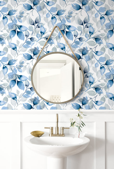 Seabrook Designs Watercolor Tossed Leaves Blue Lagoon Wallpaper Sample LN31102