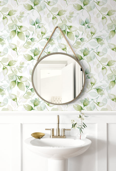 Seabrook Designs Watercolor Tossed Leaves Green Ivy Wallpaper Sample LN31104