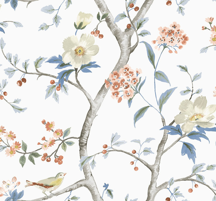 Seabrook Designs Sparrow Haven  Melon & Carolina Blue Wallpaper LN40006