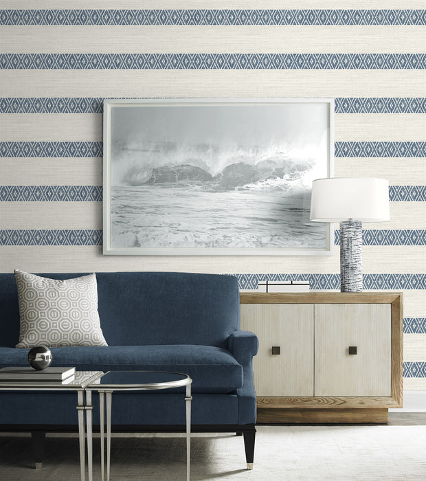 Seabrook Designs Alani Geo Stripe Nautical Blue Wallpaper Sample LN40112