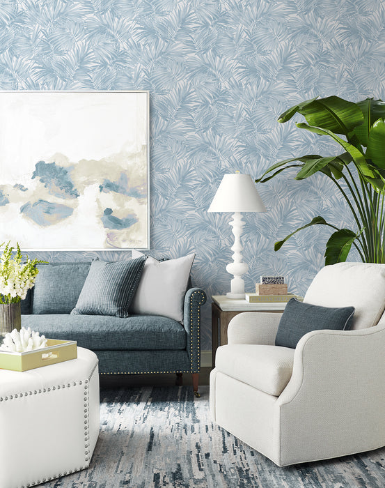 Seabrook Designs Cordelia Tossed Palms Blue Shale Wallpaper Sample LN40702