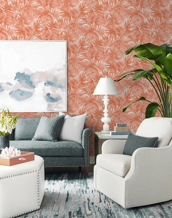 Seabrook Designs Cordelia Tossed Palms Coral Wallpaper Sample LN40706