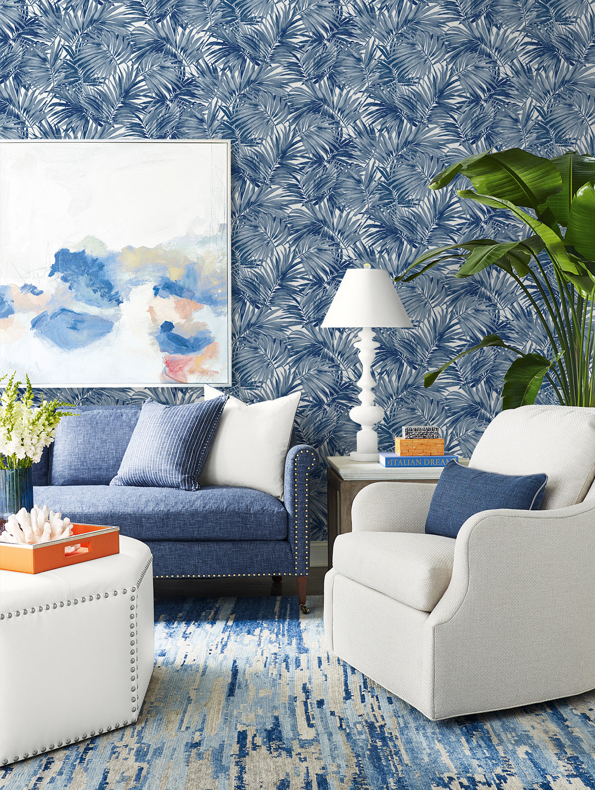 Seabrook Designs Cordelia Tossed Palms Pacific Blue Wallpaper LN40712