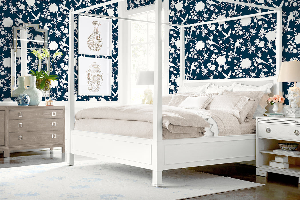 Seabrook Designs Kauai Bird Toile Denim Blue Wallpaper LN40902