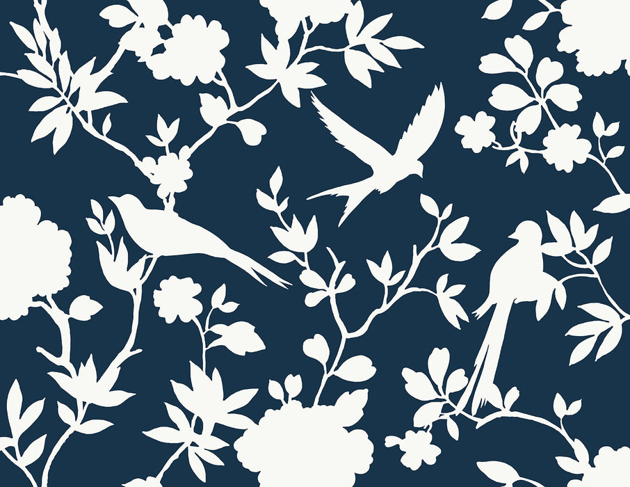 Seabrook Designs Kauai Bird Toile Denim Blue Wallpaper Sample LN40902