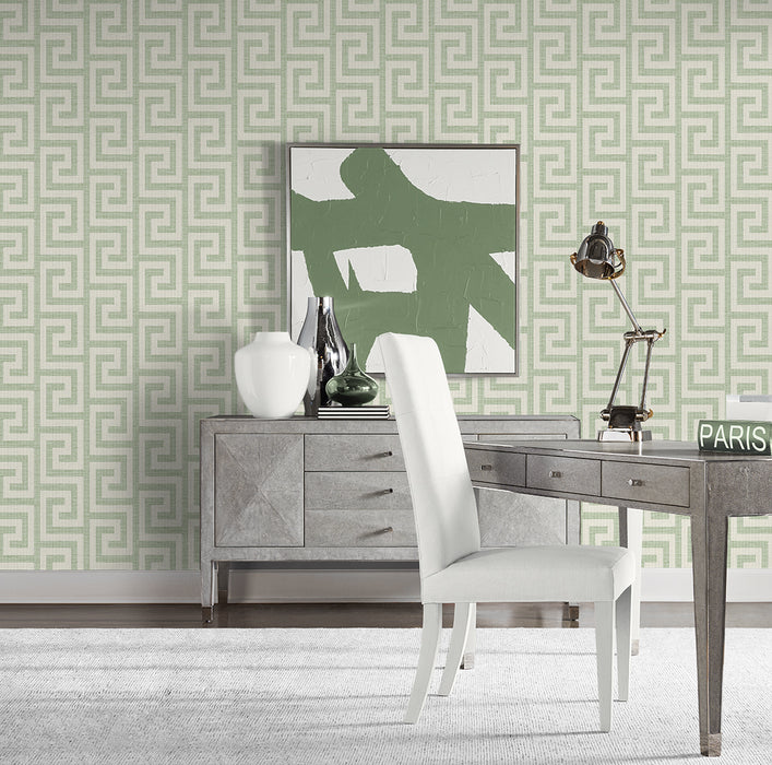 Seabrook Designs Luna Retreat Greek Key Green Ivy Wallpaper Sample LN41204