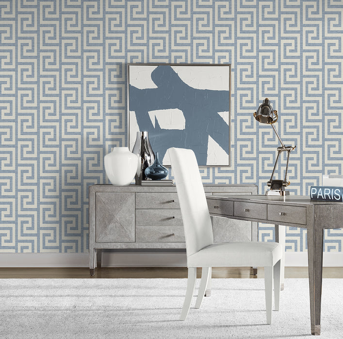 Seabrook Designs Luna Retreat Greek Key Blue Lake Wallpaper Sample LN41212