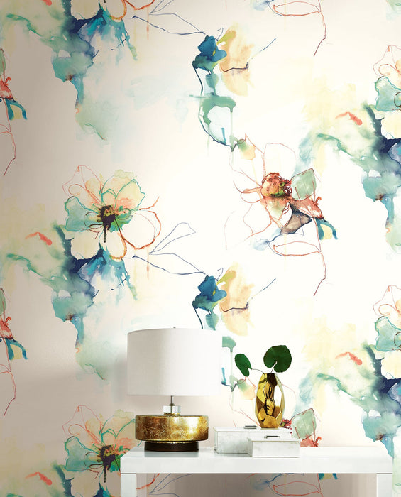 Seabrook Designs Anemone Watercolor Floral Turquoise And Persimmon Wallpaper Sample LW50006