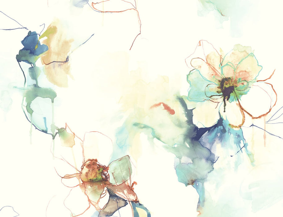 Seabrook Designs Anemone Watercolor Floral Turquoise And Persimmon Wallpaper Sample LW50006