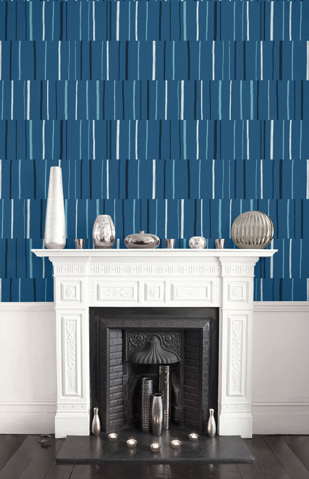 Seabrook Designs Block Lines Blueberry, Midnight, And Blue Skies Wallpaper Sample LW51202