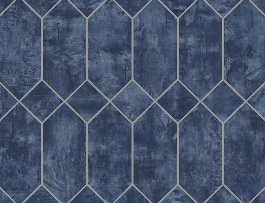 Seabrook Designs Geo Faux Denim Blue And Metallic Silver Wallpaper Sample LW51602