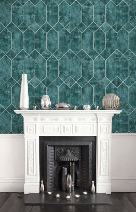 Seabrook Designs Geo Faux Emerald And Metallic Silver Wallpaper Sample LW51604