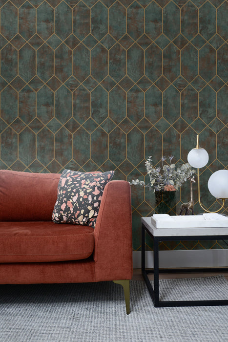 Seabrook Designs Geo Faux Rust, Forest Green, And Metallic Gold Wallpaper Sample LW51606