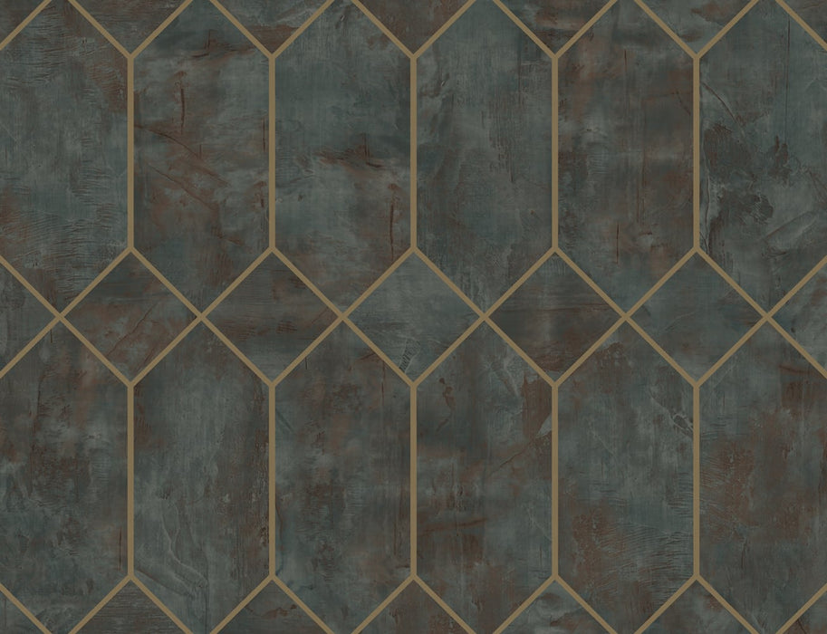 Seabrook Designs Geo Faux Rust, Forest Green, And Metallic Gold Wallpaper Sample LW51606