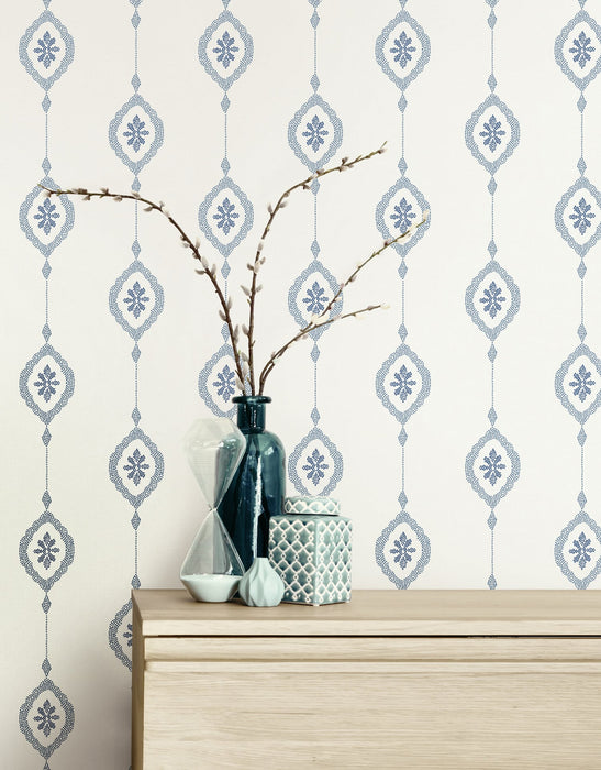 Seabrook Designs Sand Dollar Stripe Coastal Blue Wallpaper Sample MB30512