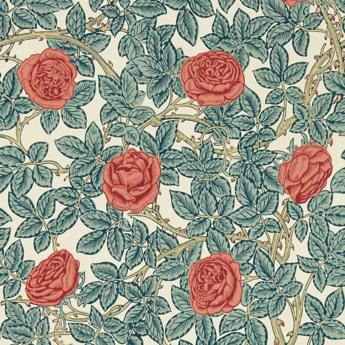 Morris & Co Rambling Rose Emery Blue/Spring Thicket Wallpaper Sample MEWW217206