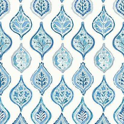 York Marketplace Motif White & Blue Wallpaper MN1850