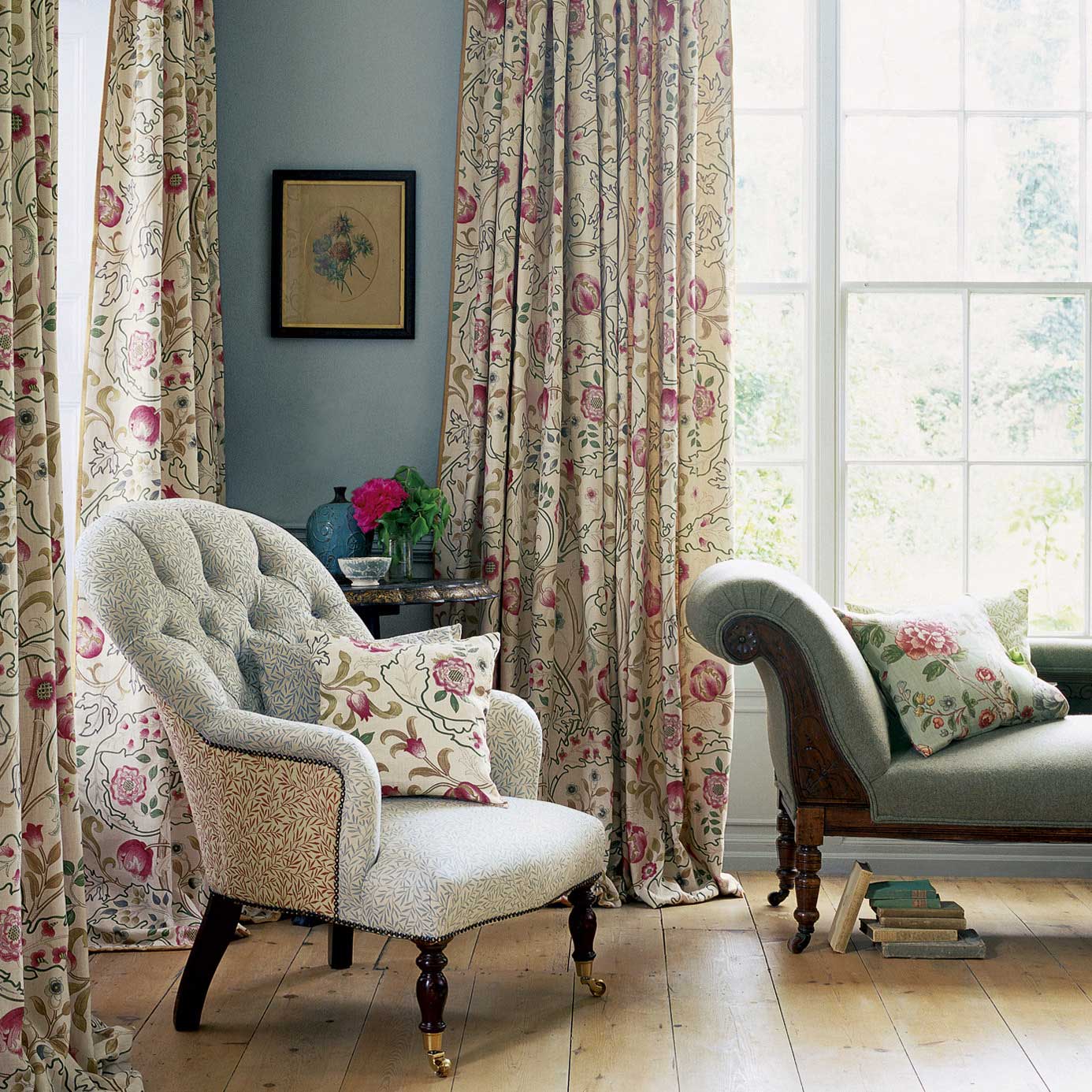 Morris & Co, Fabric and Wallpaper Botanical with Pillow, Mary Isobel Curtains, large window