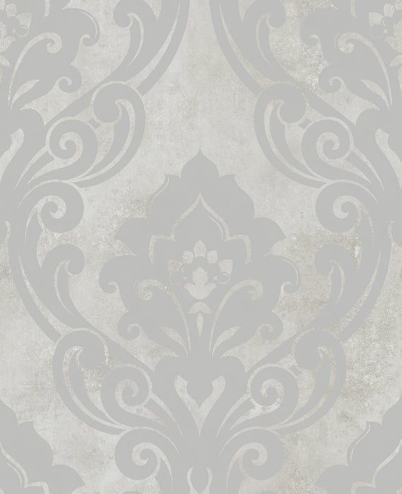 Seabrook Designs Vogue Damask Metallic Silver And Greige Wallpaper Sample NE50108