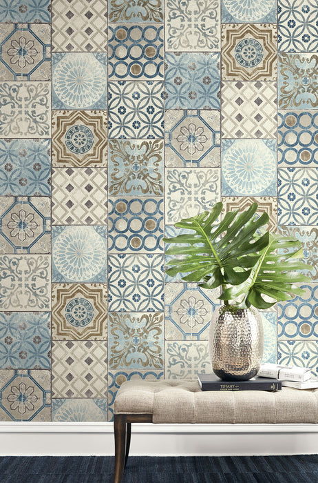 NextWall Morocaan Tile Blue & Copper Wallpaper Sample NW30002