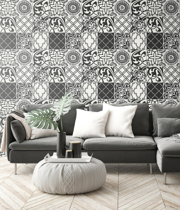 NextWall Black And White Graphic Tile Black & White Wallpaper Sample NW30300