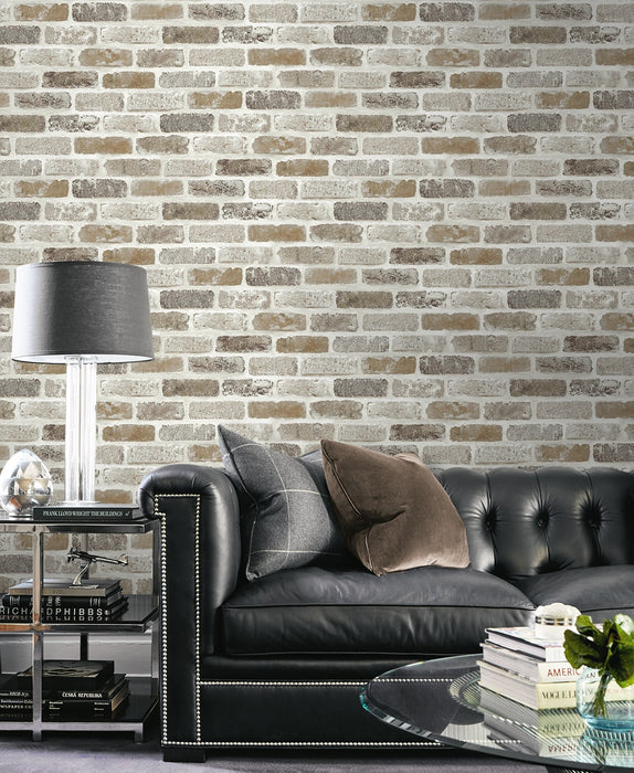 NextWall Washed Brick Tanned Leather & Pewter Wallpaper NW30506