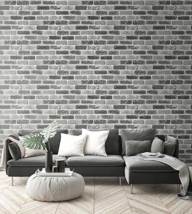 NextWall Gray Washed Brick Soft Gray & Charcoal Wallpaper Sample NW30510