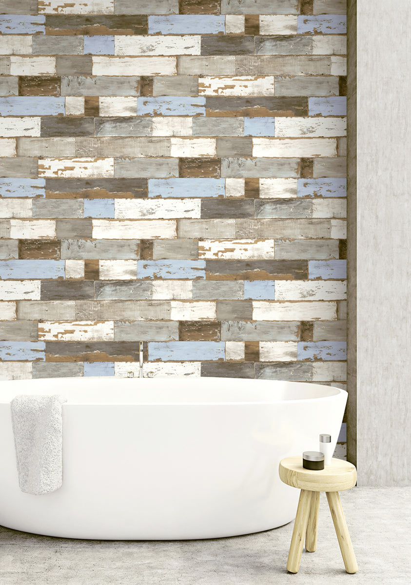 NextWall Colorful Shiplap Blue & Neutral Wallpaper NW30700