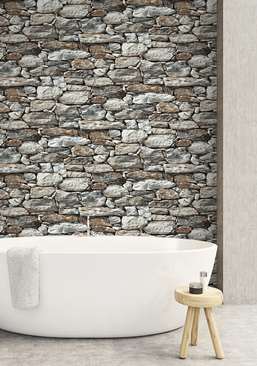 NextWall Stone Wall Brown & Gray Wallpaper NW30900