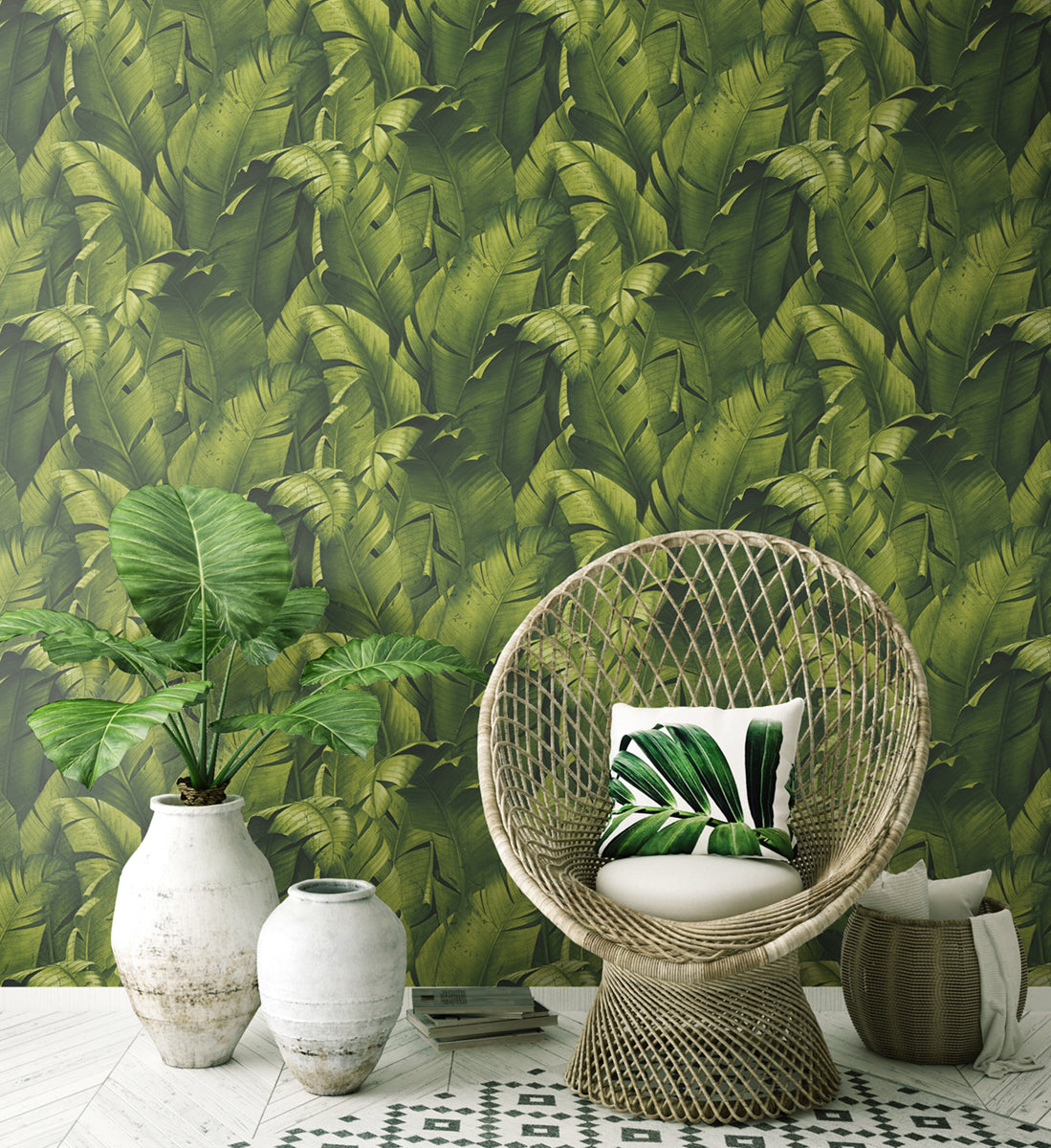 NextWall Tropical Banana Leaves Green Wallpaper NW31000