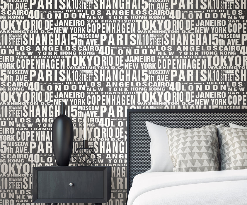 NextWall Around The World Black & White Wallpaper Sample NW31400