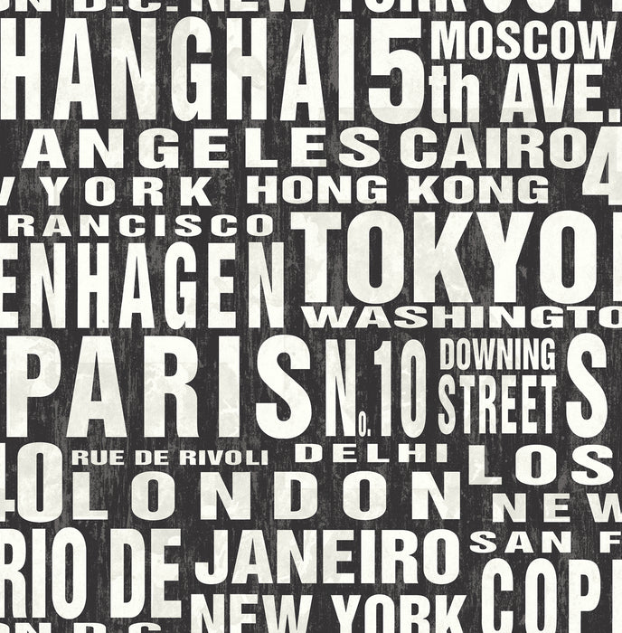 NextWall Around The World Black & White Wallpaper Sample NW31400