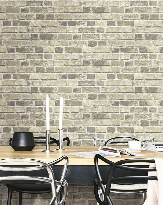 NextWall Distressed Neutral Brick Gray & Tan Wallpaper Sample NW31705