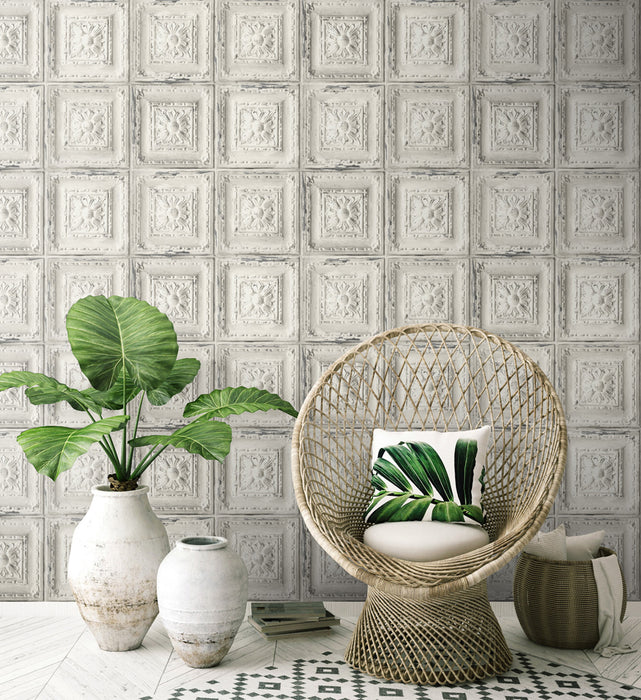 NextWall Distressed Tin Tile Linen & Charcoal Wallpaper NW32100