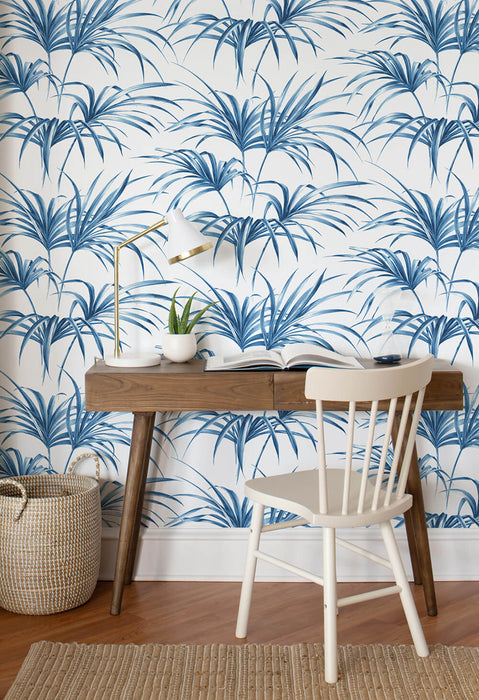 NextWall Tropical Palm Leaf Coastal Blue Wallpaper NW32502