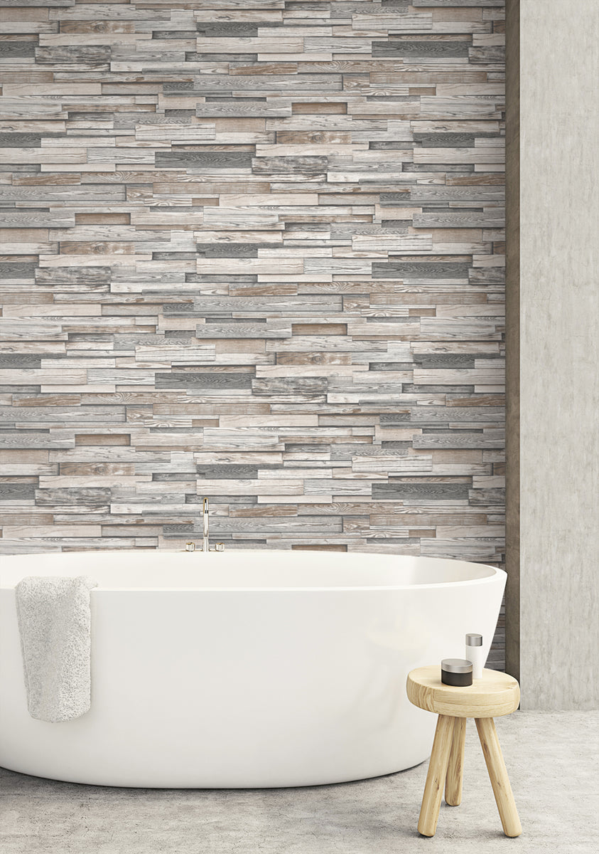 NextWall Reclaimed Wood Plank Light Gray & Brown Wallpaper NW32600