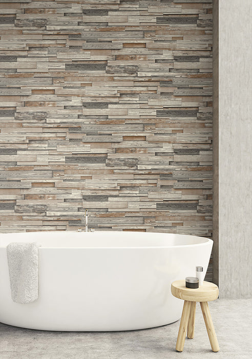 NextWall Reclaimed Wood Plank Charcoal & Brown Wallpaper Sample NW32601