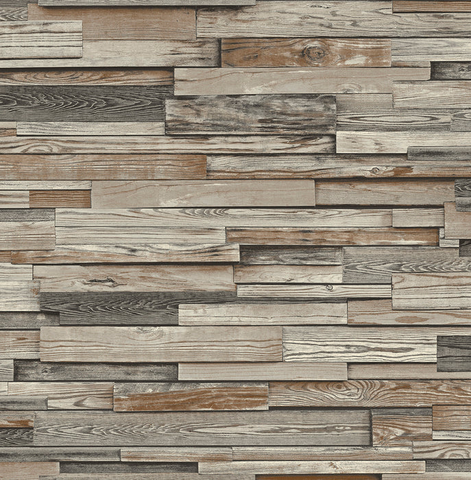 NextWall Reclaimed Wood Plank Charcoal & Brown Wallpaper Sample NW32601