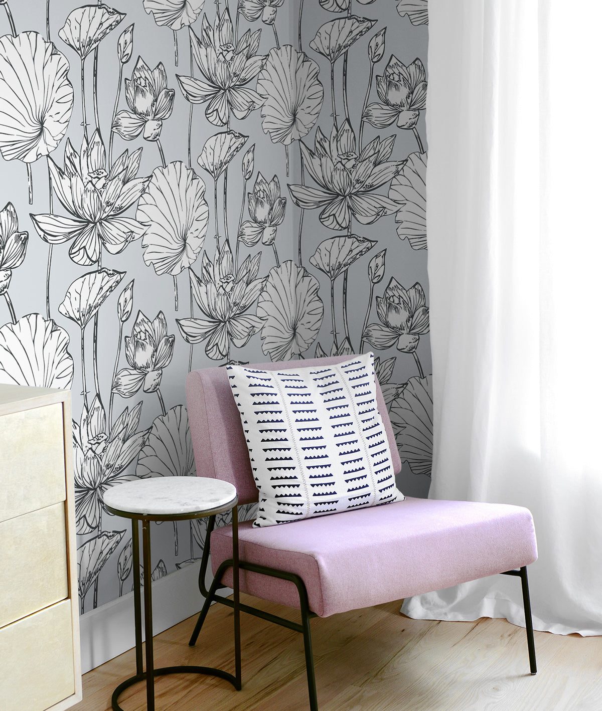 NextWall Lotus Floral Gray & Ebony Wallpaper NW33108