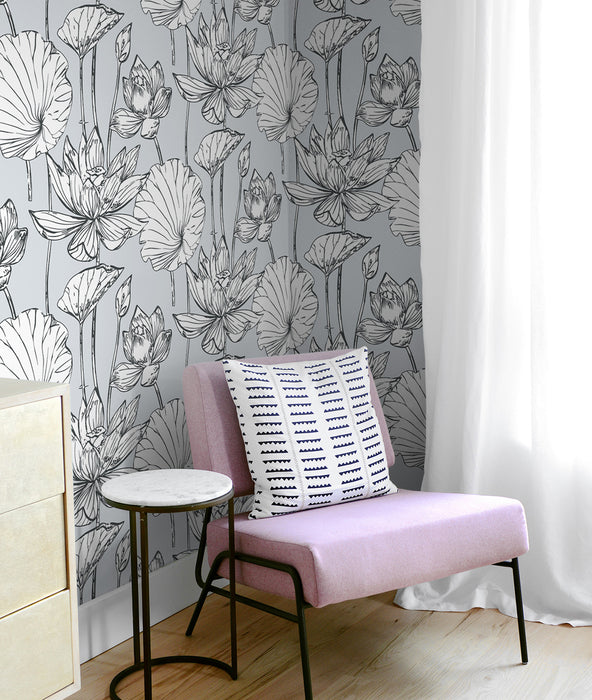 NextWall Lotus Floral Gray & Ebony Wallpaper Sample NW33108